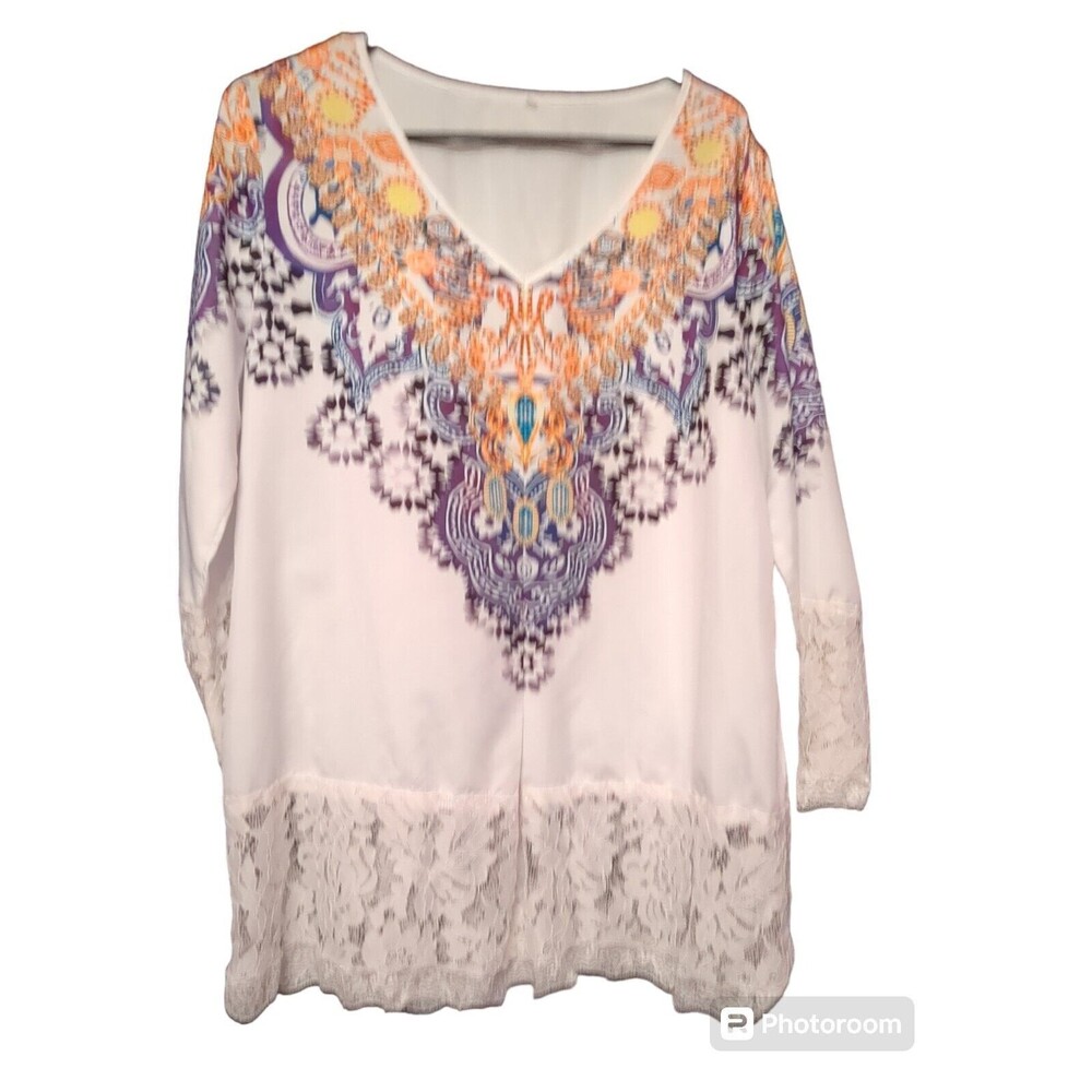 Womens White Lace Patchwork  Tribal Print  V Neck Blouse  Sz L